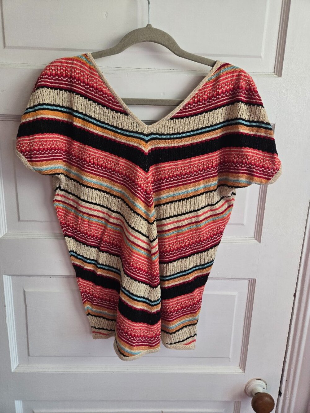 Venus Metallic Striped V-Neck Pointelle Knit Top - Size M